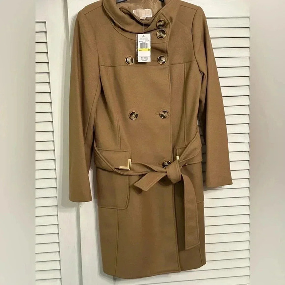 NWT $299 Michael Kors Designer Women’s Dark Camel Trench Coat Jacket Medium - Picture 1 of 15